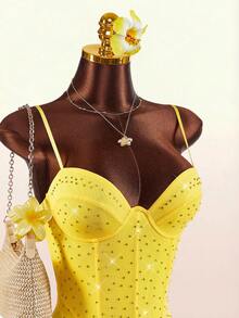 Amplova Women's See-Through Cup Detail Mini Dress, & Avant-Garde Sparkling Rhinestone Sparkly Yellow,Summer,70s,Night Out,Party Island Resort Dress - Yellow - View 11
