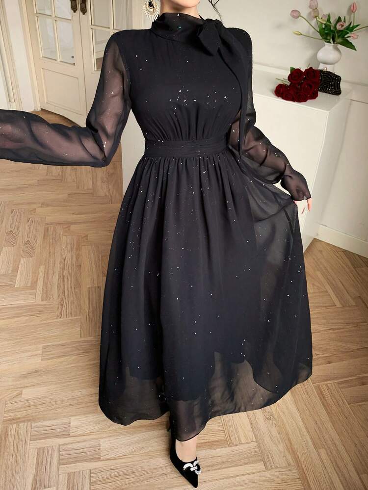Women's Elegant Party Glitter Bow Decor Long Dress Sundress