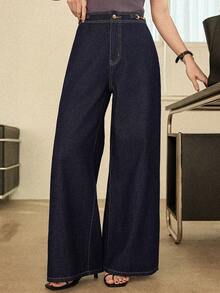 Dazy-Less 女士休闲斜插口袋阔腿牛仔裤 - 藍色 - 查看 9