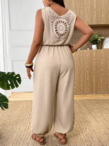 Lounesse Plus Size Women's Casual Beach Vacation Jumpsuit,Khaki,Summer,Boho,Holiday,Solid Color Patchwork Crochet Drawstring Waist Sleeveless Two Piece Set - Khaki - View 2