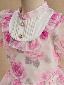 Mädchen süßes Organza bedrucktes Stehkragen Rüschen Blütenärmel Taille ausgestelltes Prinzessinnenkleid, geeignet für Blumenmädchen, Hochzeit, Party, Geburtstag, Bankett, alle Jahreszeiten - Mauve - Übersicht 6