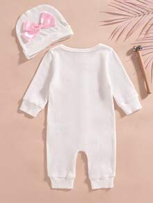 SHEIN 2Pcs Set Newborn Coming Home Outfits Baby Girl Photography Romper Embroidery Jumpsuit With Ribbon Bowknot Hat - White - View 2