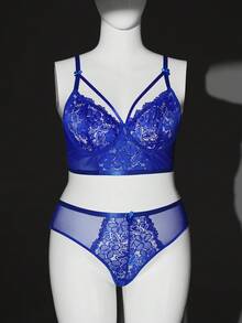 SHEIN 2pcs Plus Size Sexy Lace Patchwork Lingerie Set - Blue - View 7