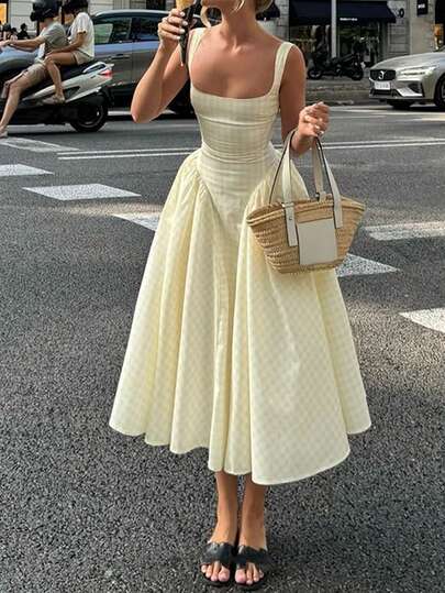 Siren Gaze Elegant Ladies Yellow Gingham Pattern Long Dress With Square Neck And Crisscross Back Design Women Gingham Square Neck Midi Dress Yellow Plaid Corset Back Long Dress Yellow Sundress Women Yellow Summer Dress Women Sun Dress Long Picnic Dresses Lemon Dress Women