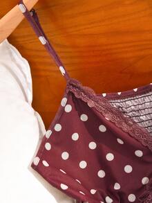 CosyJoli Áo hai dây ren phối họa tiết chấm bi dành cho nữ cỡ lớn - Cà phê nâu - Xem 3