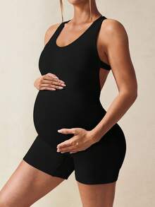 SHEIN Maternity Casual Solid Color Sleeveless Backless Romper For Summer,Word Cup - Black - View 3