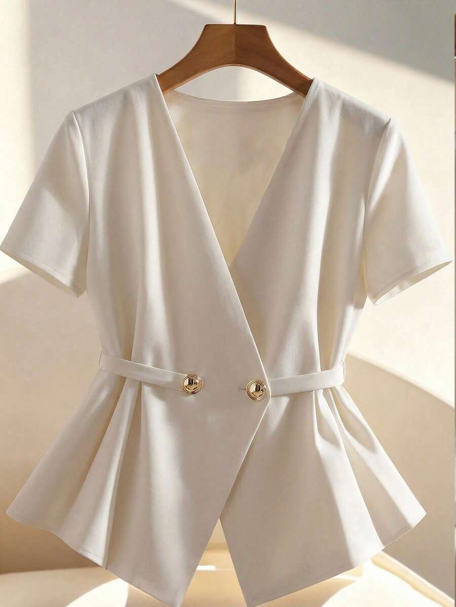 GlowEve Women's V-Neck Double-Breasted Metal Button Waist Tie Waist Thin Jacket - Apricot - View 1