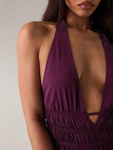 SHEIN BAE 女士茄紫色褶皱露背吊带背心，适合春夏度假、派对、夜店、海滩等场合，性感百搭，褶皱设计 - 中紫紅色 - 查看 7