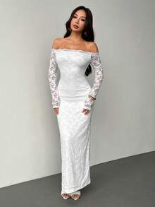 SHEIN PETITE Đầm ngắn tay dài trễ vai phối ren dành cho nữ, đầm hè, quần áo mùa xuân. - trắng - Xem 6