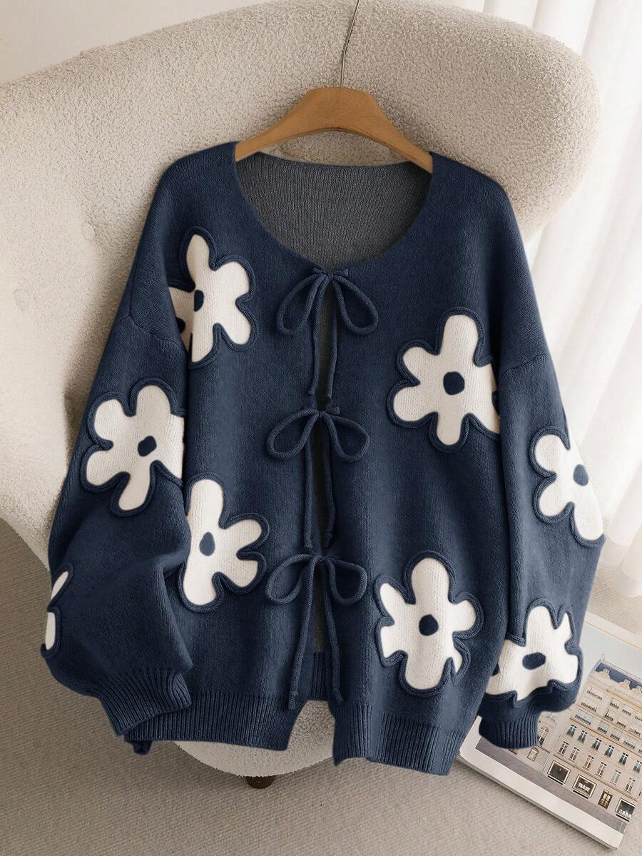 CosyJoli Áo len cardigan dệt kim hình trái tim cỡ lớn cho nữ, áo khoác len thời trang thanh lịch kiểu Pháp thu/đông - Màu xám đen - Xem 1