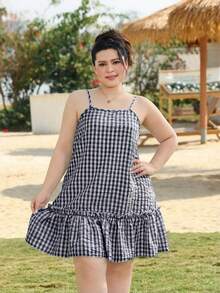 SHEIN EZwear Plus Size Women's Summer Casual Vacation Style Patterned Print Ruffle Hem Loose Strap Dress - Navy Blue - View 3