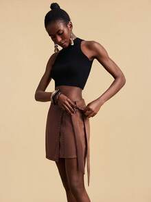 Travachic 波西米亚风休闲度假沙滩短裤，腰部系带，荷叶边装饰，适合女性，秋季女装，秋装 - 棕色 - 查看 7