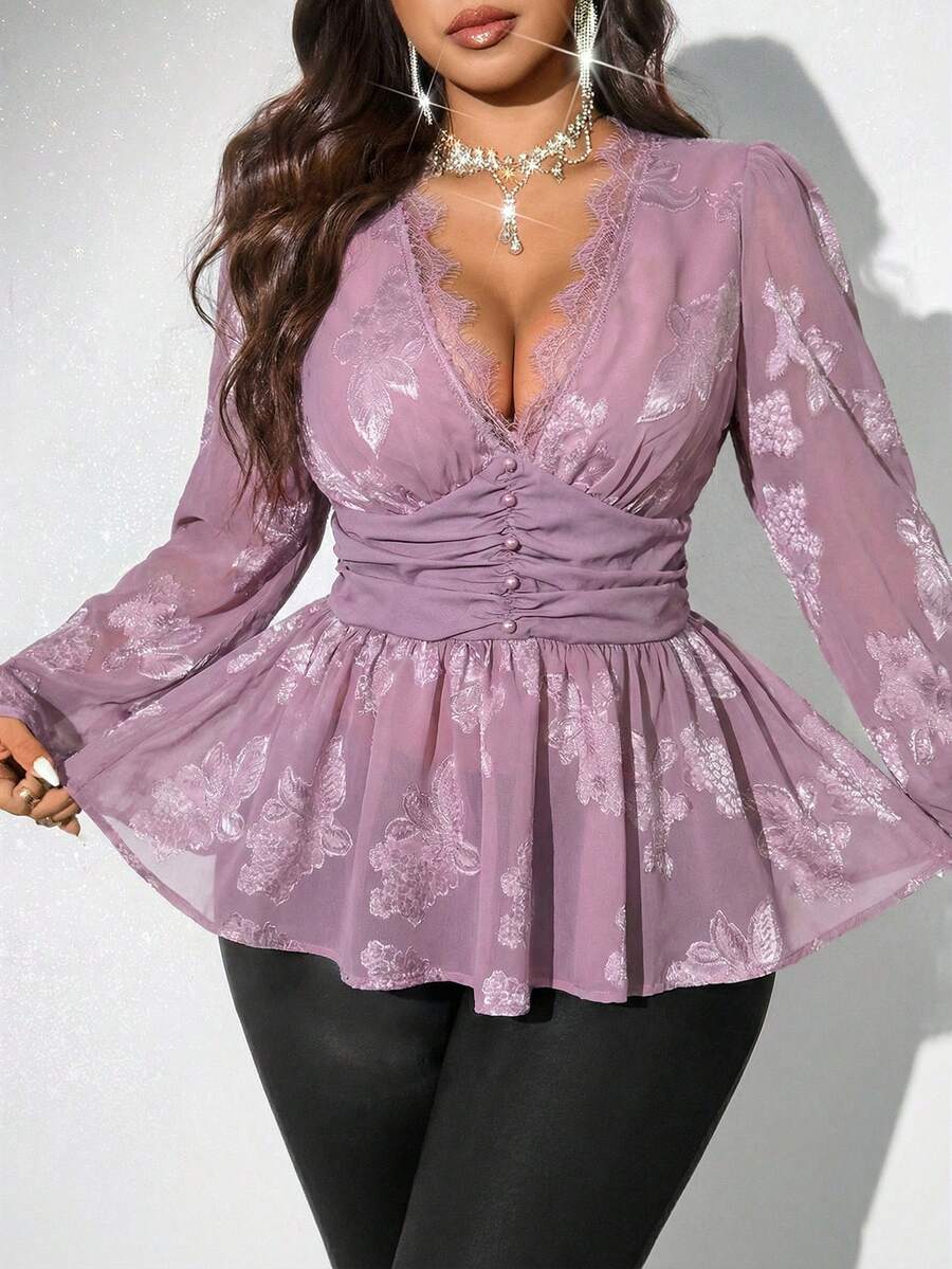 Viva Relle Blus Seksi Lengan Panjang Leher V Berkerut Ukuran Plus - Dusty Pink - View 1