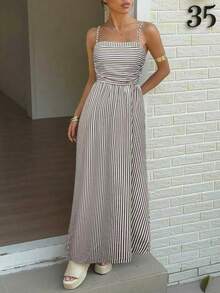 Pariaura 女士夏季休闲褶皱条纹吊带连衣裙 - 棕色 - 查看 3