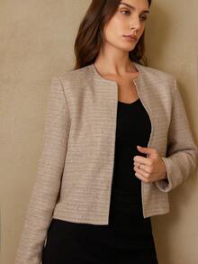 Revavyn Áo khoác blazer dài tay cổ tròn chất liệu tweed dành cho nữ, phù hợp cho việc đi làm hàng ngày. - Màu Khaki - Xem 6