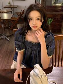 DAZY Women's Loose Petal Sleeve Denim Effect Shirt - Blue - View 8