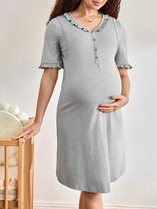 Moonlight&Mama Comfortable, Casual, Soft Ruffled Nursing Maternity Nightgown - Grey - View 1