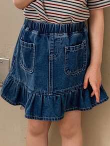 Dazy Kids 年轻女孩松紧腰带口袋褶皱休闲百搭日常牛仔迷你裙 - 藍色 - 查看 3