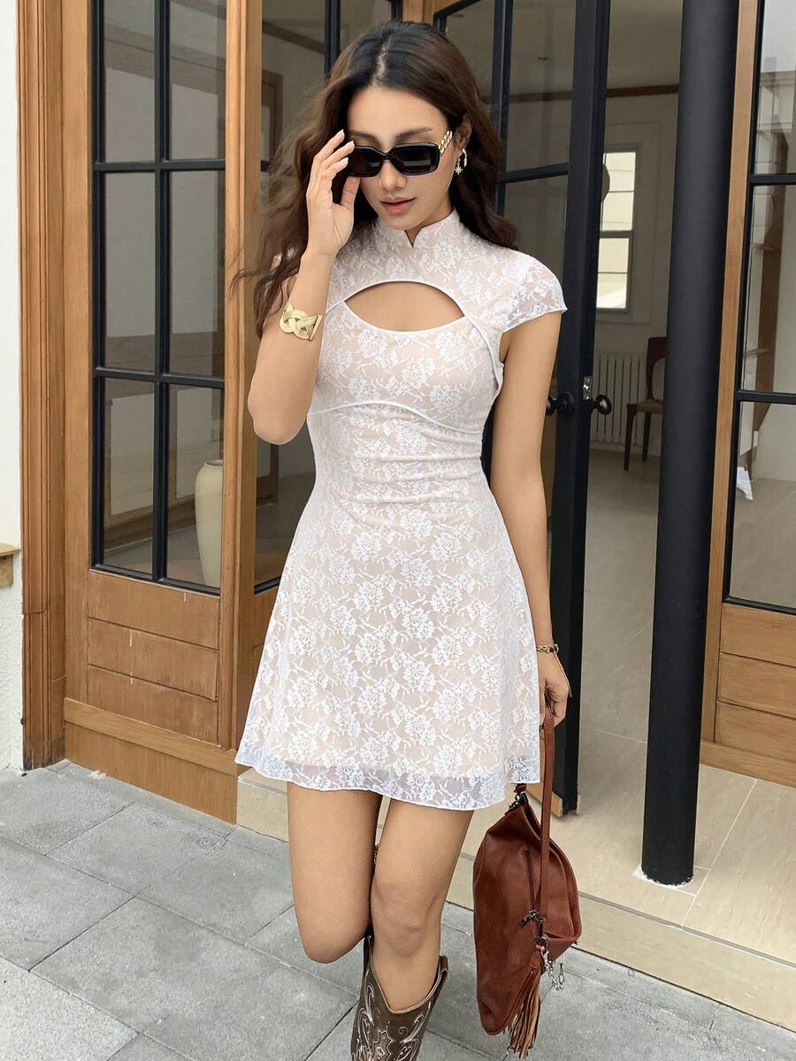 EastFlair Elegant Lace Hollow-Out Stand Collar Summer Dress - White - View 1