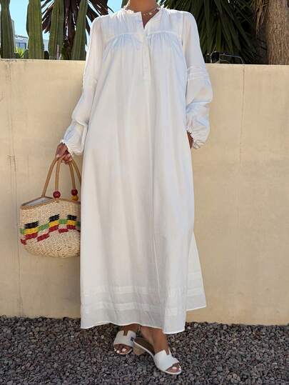 Livesso 春季白色棉质荷叶边宽松中长连衣裙，适合度假