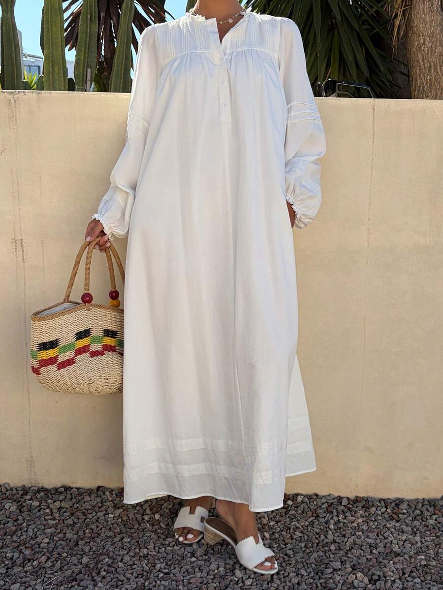 Livesso Spring White Cotton Ruffled Hem Loose Midi Dress For Vacation - White - View 1