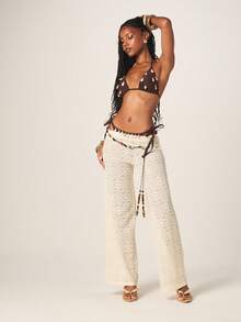 MISSGUIDED Crochet Lace Wide Leg Palazzo Pants High Rise Beach Cover Up Casual Summer Vacation Loose Fit Boho Style Pants - Apricot - View 5