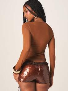 MISSGUIDED Long Sleeve Ribbed Bust Detail Crop Top With Fringe Decorative Elements And Body Hugging Fit For Layering - Brown - View 2
