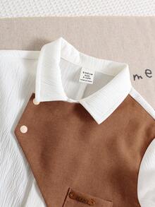 SHEIN Romper Bayi Laki-laki Baru Lahir Lucu untuk Musim Panas, Kasual, dan Berkerah dengan Blok Warna - Coklat - View 10