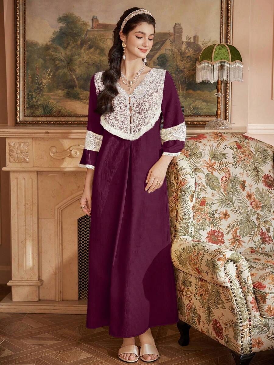 PalaceNights 优雅撞色蕾丝泡泡褶皱女士睡裙，秋冬款 - 紫色 - 查看 1