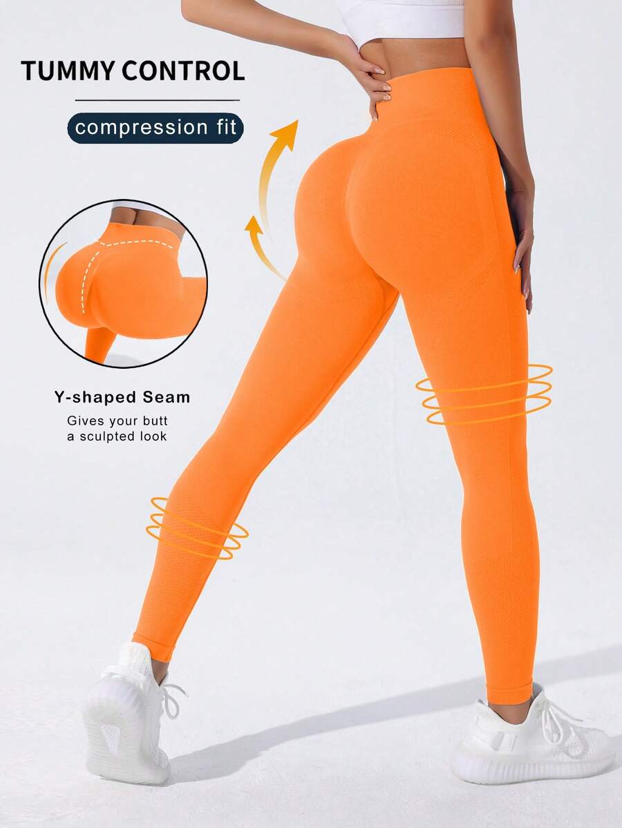 Easithlete 女士高腰Y型缝线紧身裤 - 柔软不透光，收腹提臀，通过深蹲测试，适合跑步、骑行、瑜伽、匹克球等运动休闲穿着 - 橘色 - 查看 1
