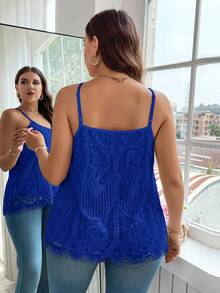 Reflora Plus Size Summer Casual Solid Color Sweetheart Neck Contrast Lace Camisole - Royal Blue - View 2