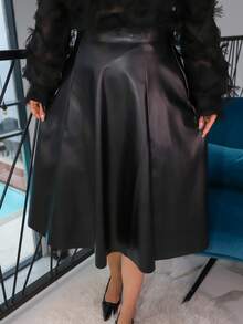 Gretanique 高腰斜口袋PU皮革半身裙 - 黑色 - 查看 3