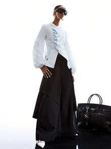 LYSMO 女士褶裥肩部灯笼袖前扣时尚衬衫 - 彩色 - 查看 6