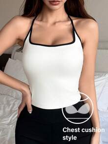DAZY Áo bra thể thao dáng ngắn, ôm sát, không đường may, viền tương phản, có đệm mút, dành cho nữ, đồ lót nữ. - trắng - Xem 5