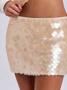 ROMWE Avant Y2K Sexy Modern Sequin & Beaded Super Low Waist Tight Fitted Bodycon Mini Skirt - White - View 5