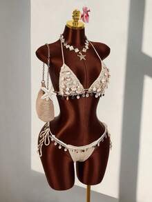 Amplova 女士海星串珠流苏套装，贝壳细节，性感前卫，适合度假，可爱性感的音乐节装扮，钩针海星泳衣套装 F00539297 - 彩色 - 查看 4