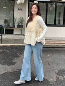 Dazy Plus 大码女式休闲纯色V领拼接仿毛领无袖吊带背心 - 杏色 - 查看 6