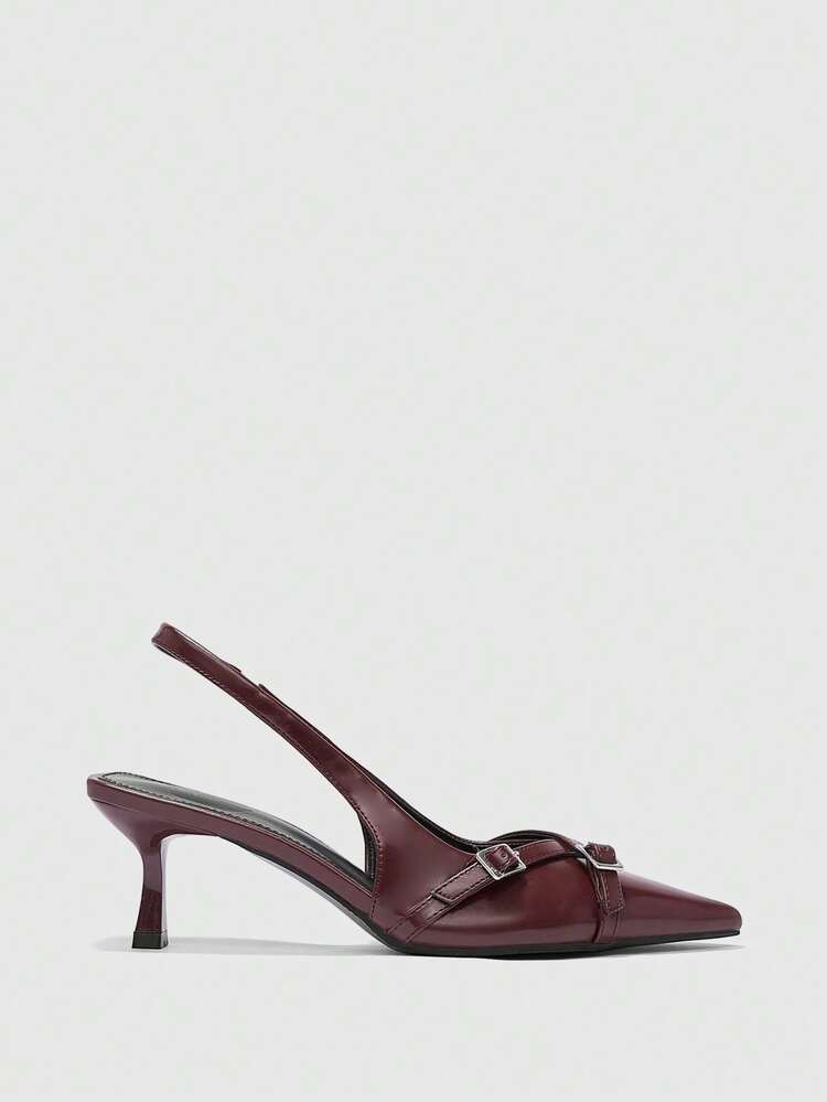 CUCCOO BIZCHIC The Combination Of Burgundy Leather Buckle With Pointed Thin Heels And Tripped Sandals, Retro Capable Style, Burgundy Leather + Metal Buckle Decoration, Not Only Has The Elegance Of Retro Tones, But Also Has A Neat Sense Of Embellishment Details, Suitable For Women Who Prefer Retro Light And Familiar Style, Suitable For Workplace Commuting, Light Business Dating, Autumn And Winter Wear And Other Occasions, Taking Into Account Temperament And Practicality Spring Shoes