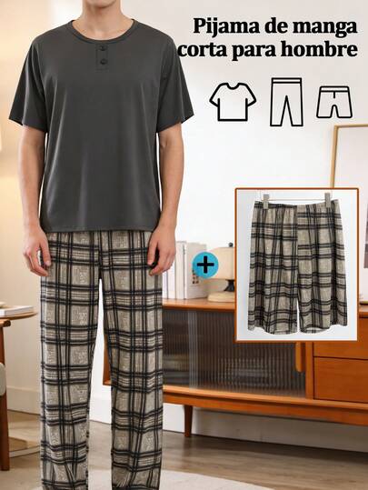 Pijama Hombre Verano, Juego de 3 Piezas Ligero, Playera Manga Corta, Pantalón Largo y Short, Suave, Cómodo y Fresco