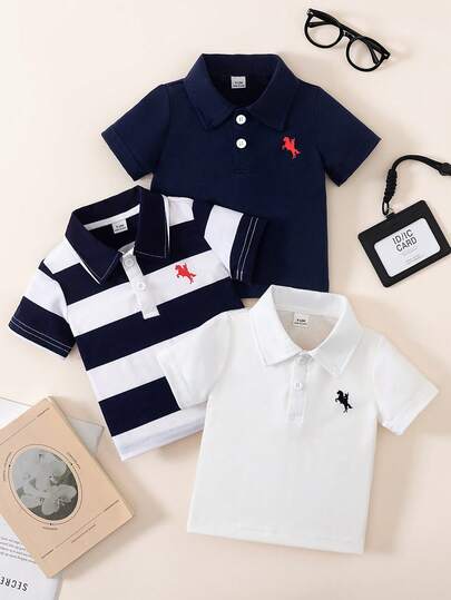 3pcs/Set Boys' Casual Sports Collegiate Style Printed Short Sleeve Polo Shirts, Suitable For Boys' Clothing, Daily Wear, Sportswear, Spring/Summer Season, Suitable For Summer, Birthday Party, Formal Occasions, Wedding Children's Attire, Baby Boy Outfits, Boys' Sets, Baby Boy Sets, Baby Boy Sets