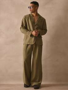 Musero Tailored Striped Pleated Wide Leg Button Fastening Belt Loop Detailing Spring Summer Essentials - Dark Green - View 1