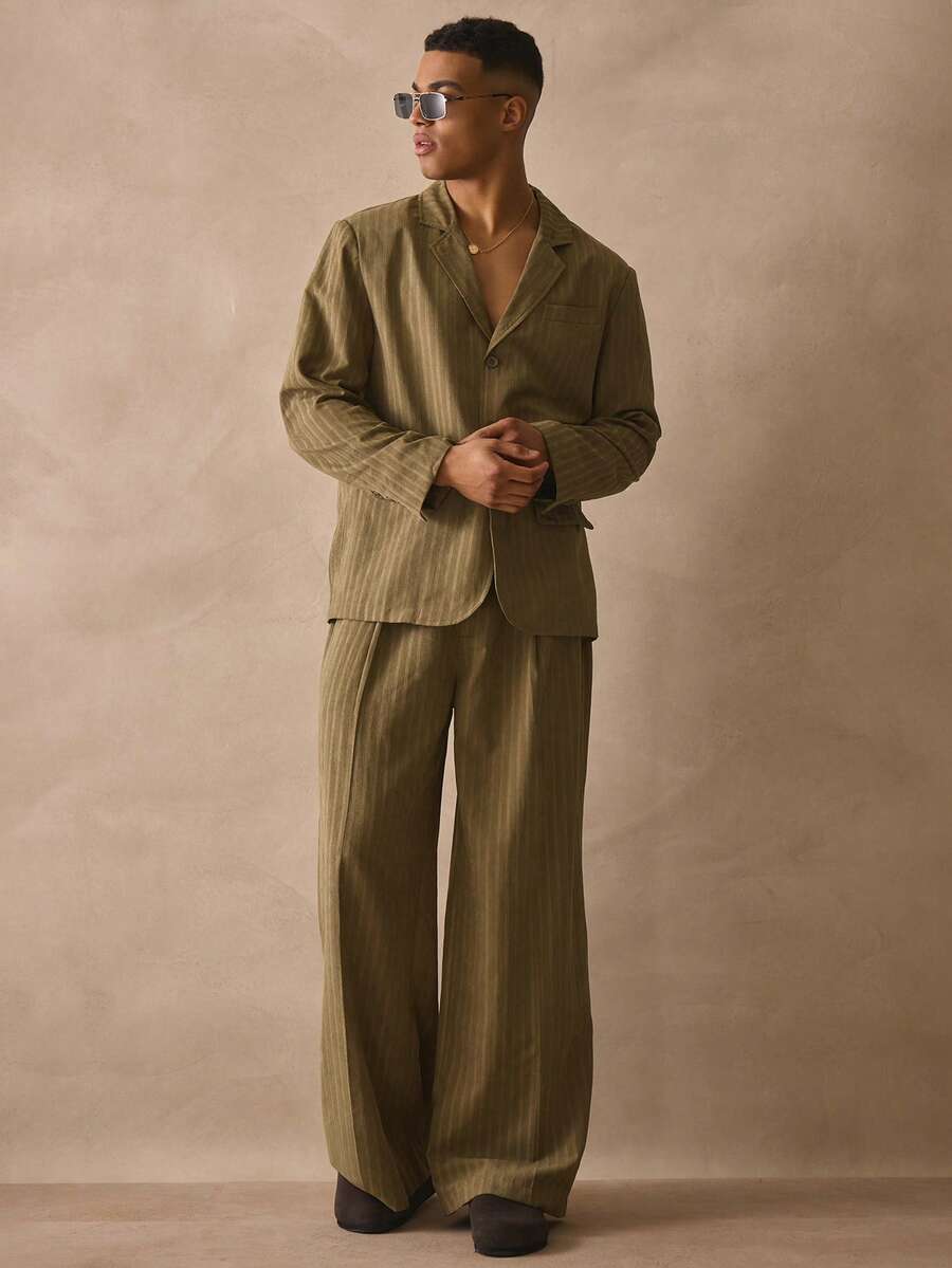 Musero Tailored Striped Pleated Wide Leg Button Fastening Belt Loop Detailing Spring Summer Essentials - Dark Green - View 1