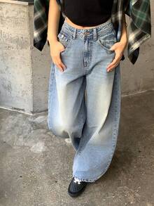 DAZY Jeans casuales de pierna recta y tiro medio con efecto desgastado para mujer - Azul lavado medio - Ver 6