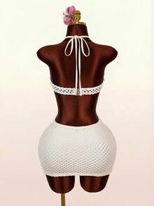 Amplova Women's Beaded Camisole Mini Dress, Sexy Backless Halter Neck With Hollow Waist Design, Suitable For Beach Vacation - White - View 9