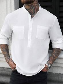 Manfinity Mode Men's Textured Striped Loose Fit Stand Collar Half-Placket Long Sleeve Shirt With Dual Pockets - White - View 1
