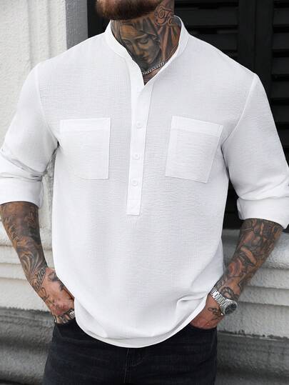 Manfinity Mode Men's Textured Striped Loose Fit Stand Collar Half-Placket Long Sleeve Shirt With Dual Pockets