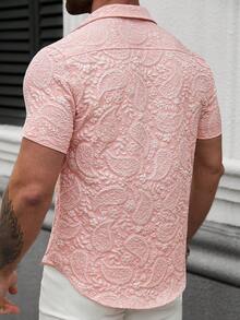 Manfinity Homme Men's Casual Vacation Paisley Jacquard Front Button Short Sleeve Shirt, Summer - Pink - View 2