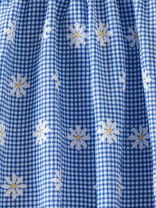 SHEIN Vintaside Kids Vestido casual de niña bebé a cuadros azules con adorno de encaje margarita, vestido de verano cómodo y lindo con volantes y dobladillo de encaje con estampado de margaritas azules - Azul - Ver 7