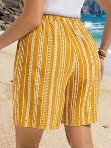 EMERY ROSE Plus Size Summer Vacation Beach Allover Print Drawstring Waist Shorts - Yellow - View 2