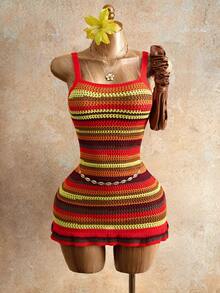 Mistrie Women's Sleeveless Striped Knit Dress, Short Fitted Frill Trim Summer Beach Vacation Dress - Multicolor - View 1